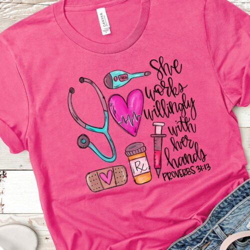 Stethoscope She Works Willingly With Her Hands Nurse Student School Shirt image 0