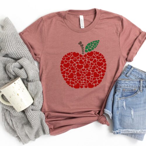 Valentine's Day Apple Hearts Teacher Cute Woman Shirt image 0