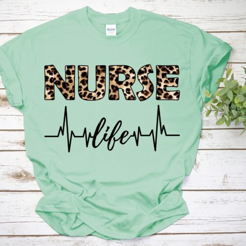 Nurse Life Leopard RN Week CNA School Heartrate Shirt image 0