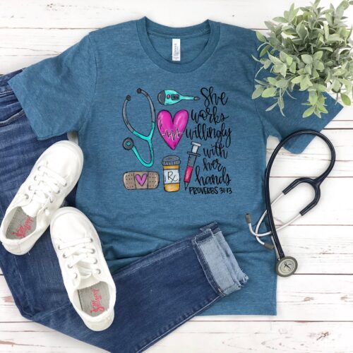 She Works Willingly With Her Hands Proverbs 31:13 Registered Nurse School Life Shirt image 0