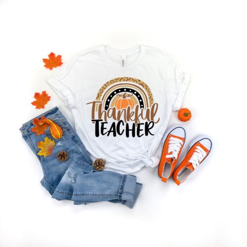 Thankful Teacher Rainbow Pumpkin Vacation Family Dinner Shirt image 0