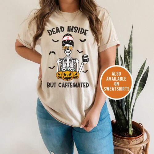 Nurse Halloween Dead Inside But Caffeinated ER ICU Skeleton Coffee Shirt image 0