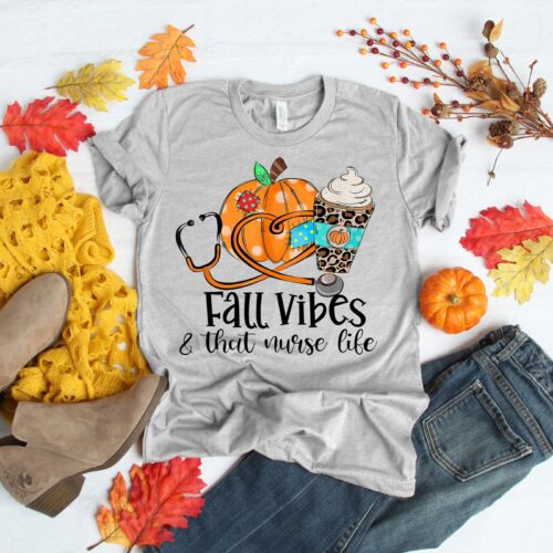 Fall Vibes And That Nurse Life Pumpkin Spice Happy Fall Thanksgiving Shirt image 0