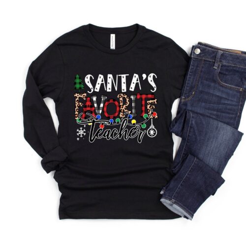 Santa's Favorite Teacher Christmas Lights Buffalo Plaid Shirt image 0