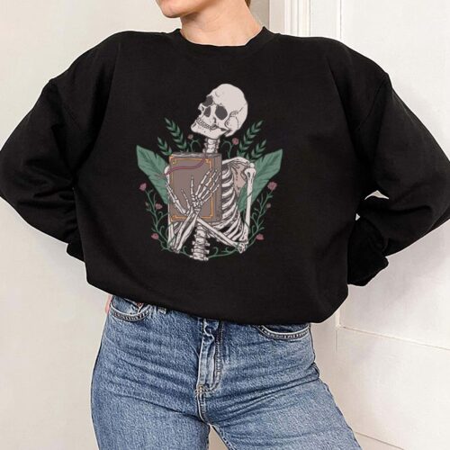 Skeleton With Book Lover Teacher Club Nerd Sweatshirt image 0