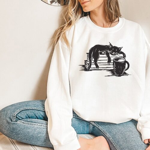 Cat Reading Coffee Teacher Book Lovers Cute Funny Sweatshirt image 0