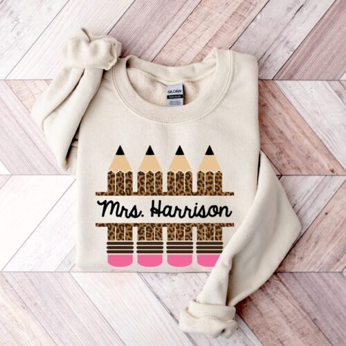 Custom Teacher Leopard Pencils Last Name Personalized Cute Sweatshirt image 0