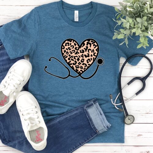 Leopard Nurse Stethoscope Life RN Week CNA School Heart Shirt image 0