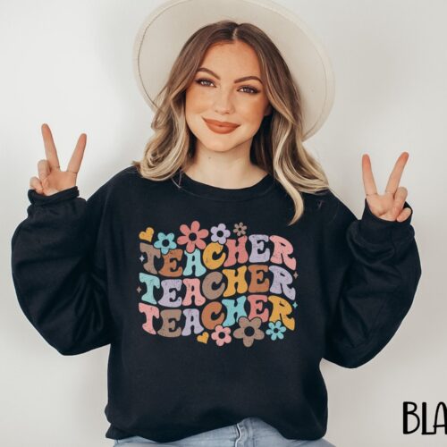 Retro Teacher Middle School Colorful Flower Floral Sweatshirt image 0