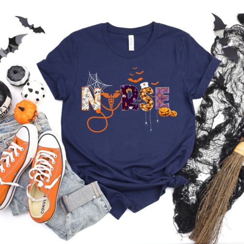 Halloween Nurse Spooky School Life Caduceus Pumpkin Shirt image 0