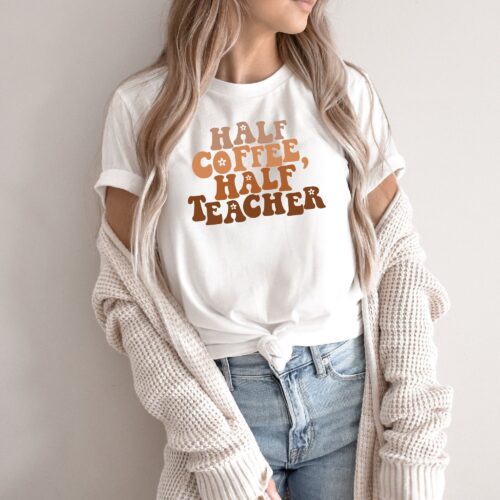 Retro Half Teacher Half Coffee Lover School Kindergarten Life Shirt image 0