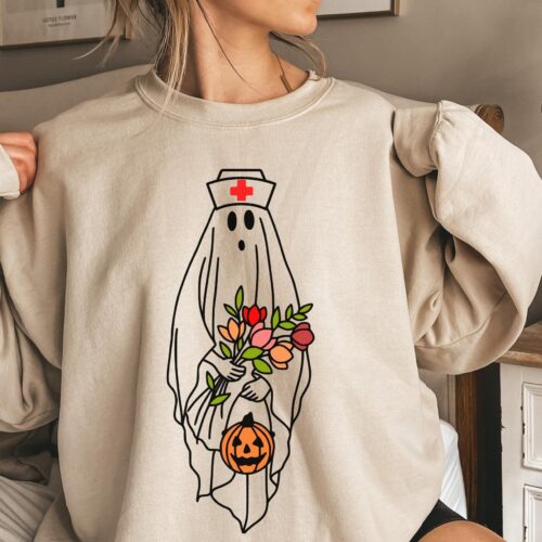 Nurse Halloween Cute Ghost Trick Or Treat Fall Pumpkin Season Autumn Sweatshirt image 0