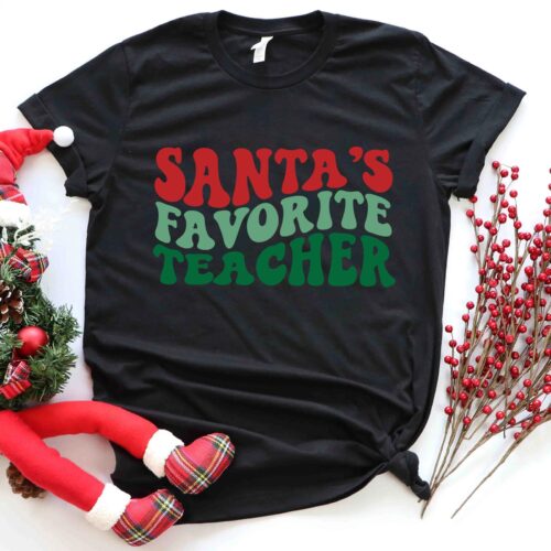 Santa's Favorite Teacher Christmas Winter Holiday Shirt image 0