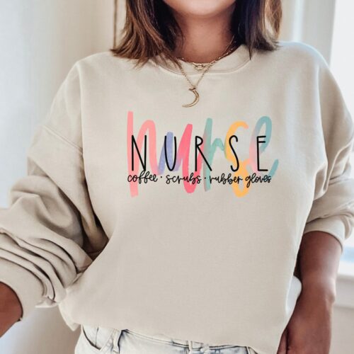 Nurse Coffee Scrubs Rubber Gloves Cute RN Sweatshirt image 0