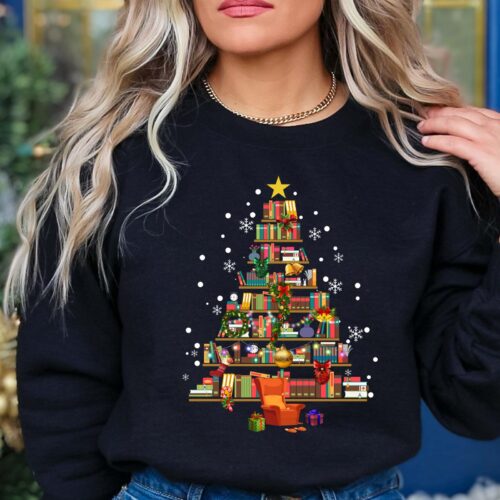 Book Tree Christmas Lover Teachers Holiday Sweatshirt image 0