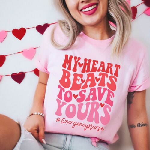 Retro Valentines Emergency Nurse My Heart Beats To Save Yours ER Shirt image 0