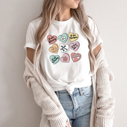 Positive Affirmations Teacher Candy Heart Women Valentines Day Funny Shirt image 0