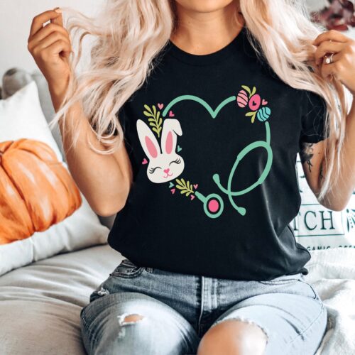 Easter Nurse Heart Stethoscope School Bunny Crew Shirt image 0