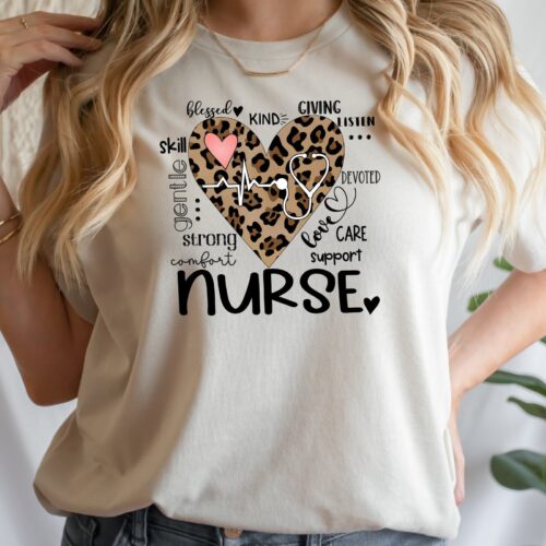 Nurse Life Leopard RN Week CNA Heart Love Care School Shirt image 0