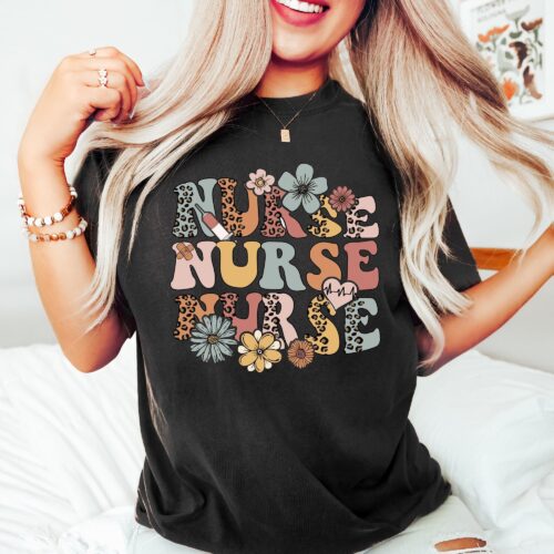 Retro Nurse Wild Flowers RN Student New Appreciation Shirt image 0