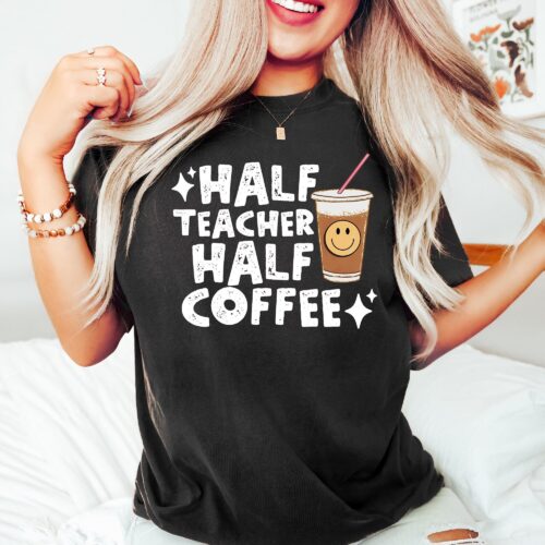 Retro Half Teacher Half Coffee Cute Smiley Face Trendy Shirt image 0