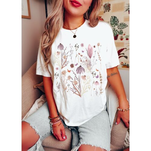 Retro Pressed Flowers Cottagecore Pastel Floral Garden Lover Botanical Shirt image 0