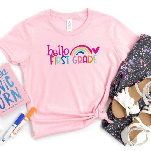 Hello First Grade Back To School Rainbow Teacher Shirt image 0