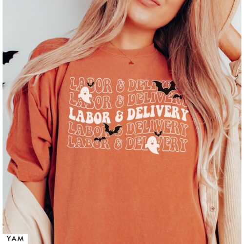 Retro Labor & Delivery Nurse Halloween L&D Maternity Grad Staff Fall Matching Shirt image 0