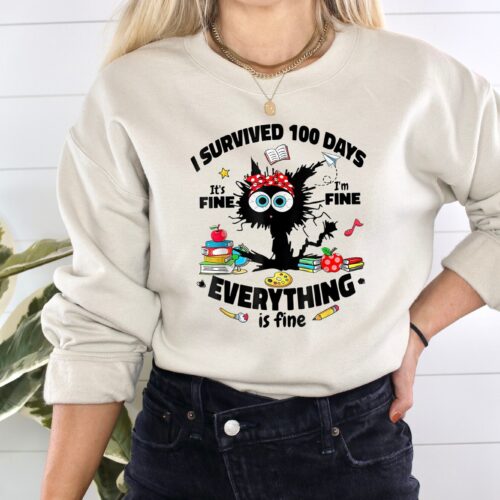 I Survived 100 Days Everything Is Fine Teacher Back To School Shirt image 0