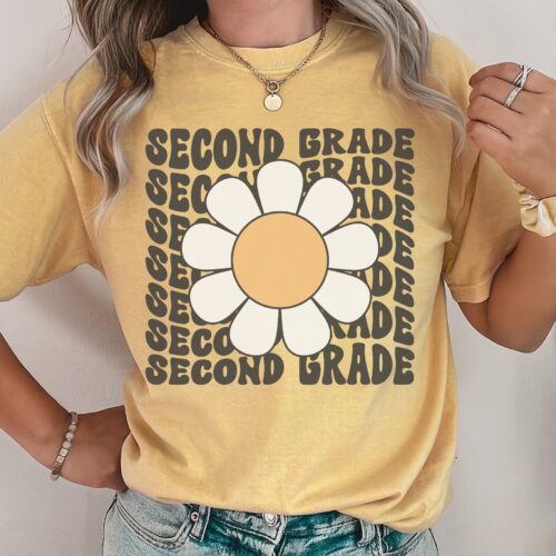 Retro Second Grade Teacher Daisy Groovy Floral Shirt image 0