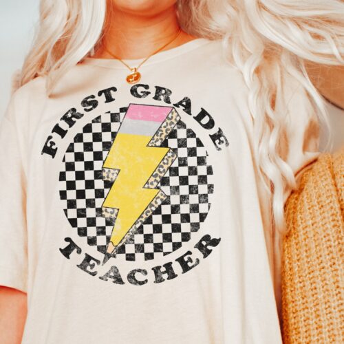 Retro First Grade Teacher Back to school Appreciation Checkered Shirt image 1