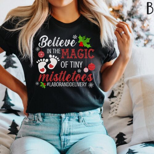 Magic of Tiny Mistletoes Labor And Delivery Christmas Nurse Hopsital Holiday Party Shirt image 0