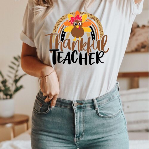 Thankful Teacher Rainbow Gobble Dinner Holiday Shirt image 0