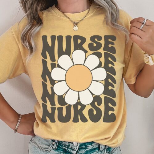 Retro Nurse Groovy RN Daisy Flower LPN Flower Floral Shirt image 0