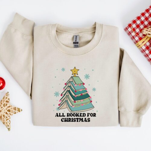 All Booked For Christmas Tree Teacher Lovers School Sweatshirt image 0