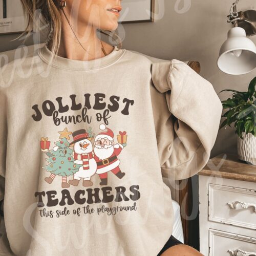 Retro Christmas Funny Holiday Jolliest Bunch of Teachers Sweatshirt image 0