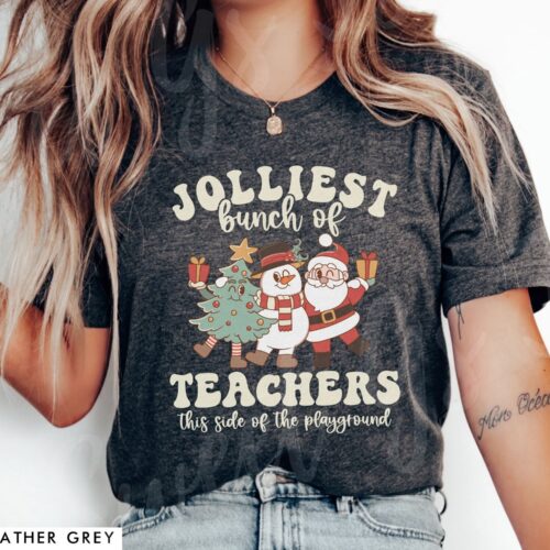 Retro Christmas Funny Holiday Jolliest Bunch of Teachers Shirt image 0