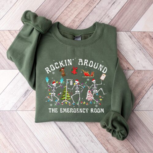 Christmas ER Nurse Rockin' Around Skeleton ER Tech Emergency Department Sweatshirt image 0