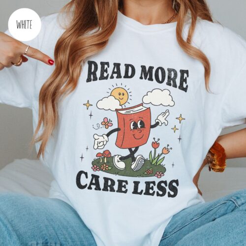 Retro Bookish Lover Read More Care Less Cute Mental Health Cute Teacher Shirt image 0