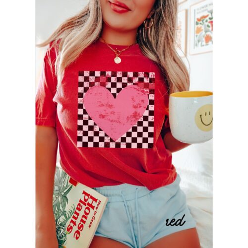 Retro Checkered Heart Cute Teacher Women's Valentines Day Love Shirt image 0