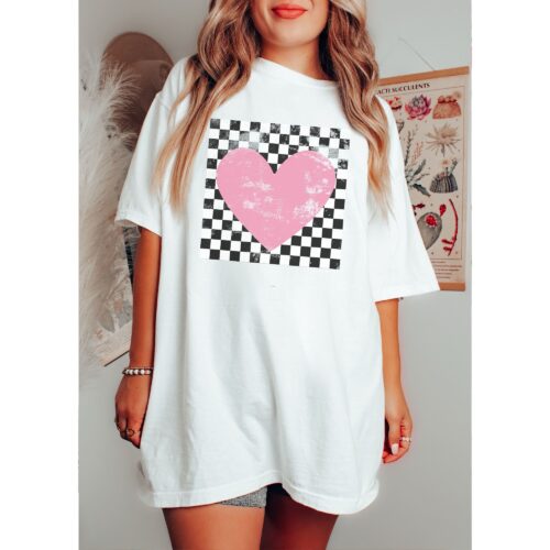 Retro Checkered Heart Cute Teacher Valentine Women Love Shirt image 0