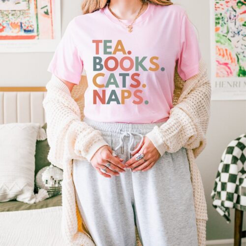 Tea Books Cats Naps Read Teacher Women Funny Shirt image 0