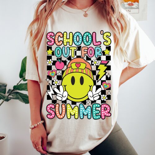 Retro School's Out For Summer Last Day Smiley Face Teacher Vacation Beach Vibes Sweatshirt image 0