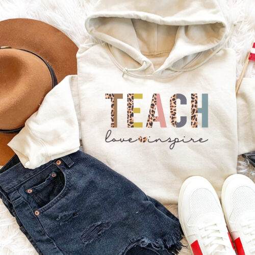 Teach Love Inspire Leopard Cute Appreciation Teacher Hoodie image 1