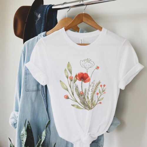 Watercolor Poppy Flowers Botanical Cottagecore Gardening Wild Plant Shirt image 0