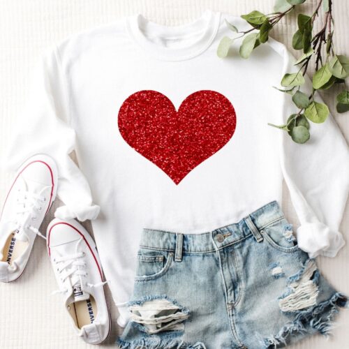 Women Valentines Day Red Glitter Heart Teacher Wife Sweatshirt image 0