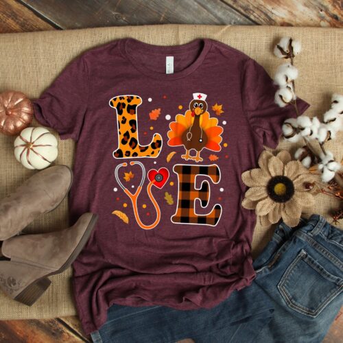 Love Nurse Thanksgiving Cute Turkey School Heart Stethoscope Shirt image 0