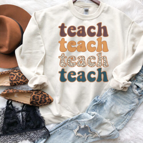 Retro Leopard Teacher Cute Funny Back To School Sweatshirt image 0