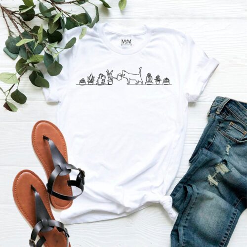 Cat Watering Plants Lady Lover Succulent Gardening Shirt image 0