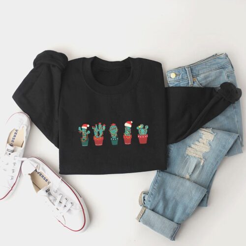 Christmas Cactus Festive Plant Mom Lights Holiday Sweatshirt image 0